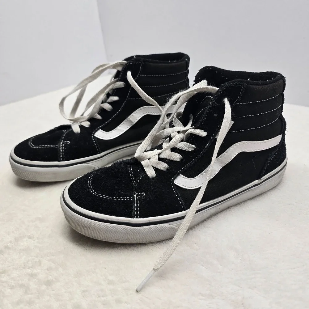 Vans Sk8-Hi High Top Sneakers Black White Suede Canvas Skate Shoes Youth 4.0